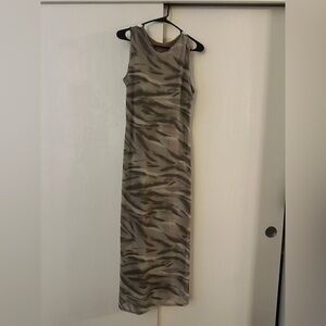 Green and tan midi bodycon dress